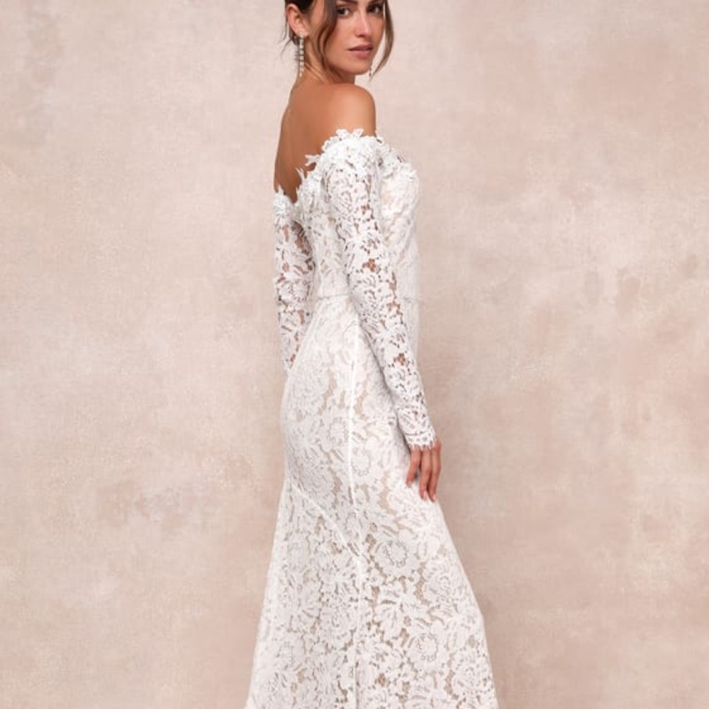 Lulu's Off-Shoulder Lace Wedding Dress in White - Picture 4 of 4